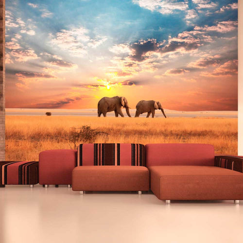 Artgeist Afrikaanse Savanne Olifanten Vlies Fotobehang Sfeer | Yourdecoration.be